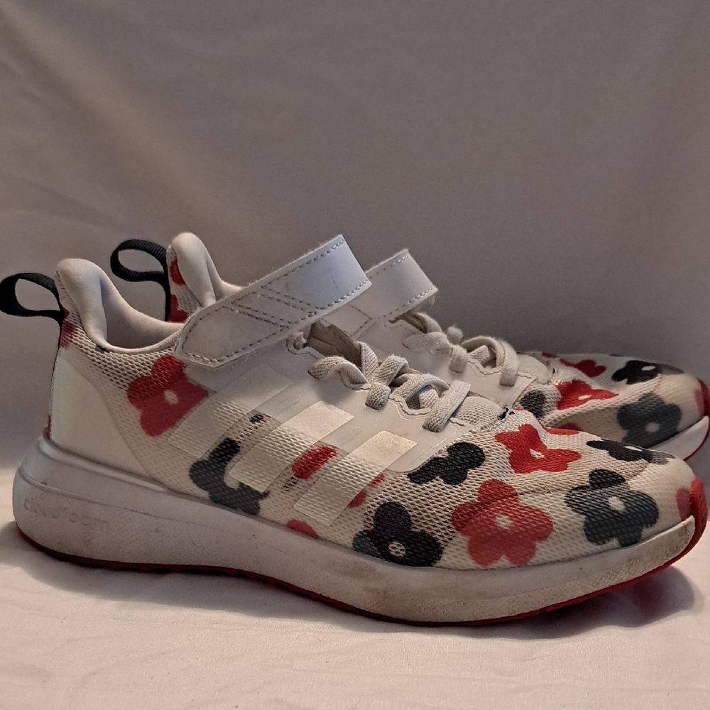 Adidas Kids size 2 Floral Sneakers - White with Red and Blue Accents